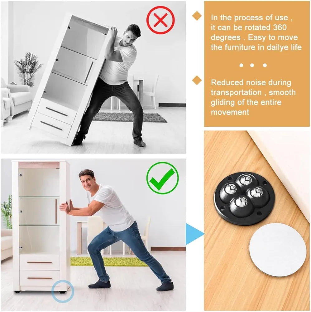 Move Heavy Sofas, Fridges & Almirahs Effortlessly - SmoothRoll 360° Stick-On Furniture 4 STEEL BALLS Wheels