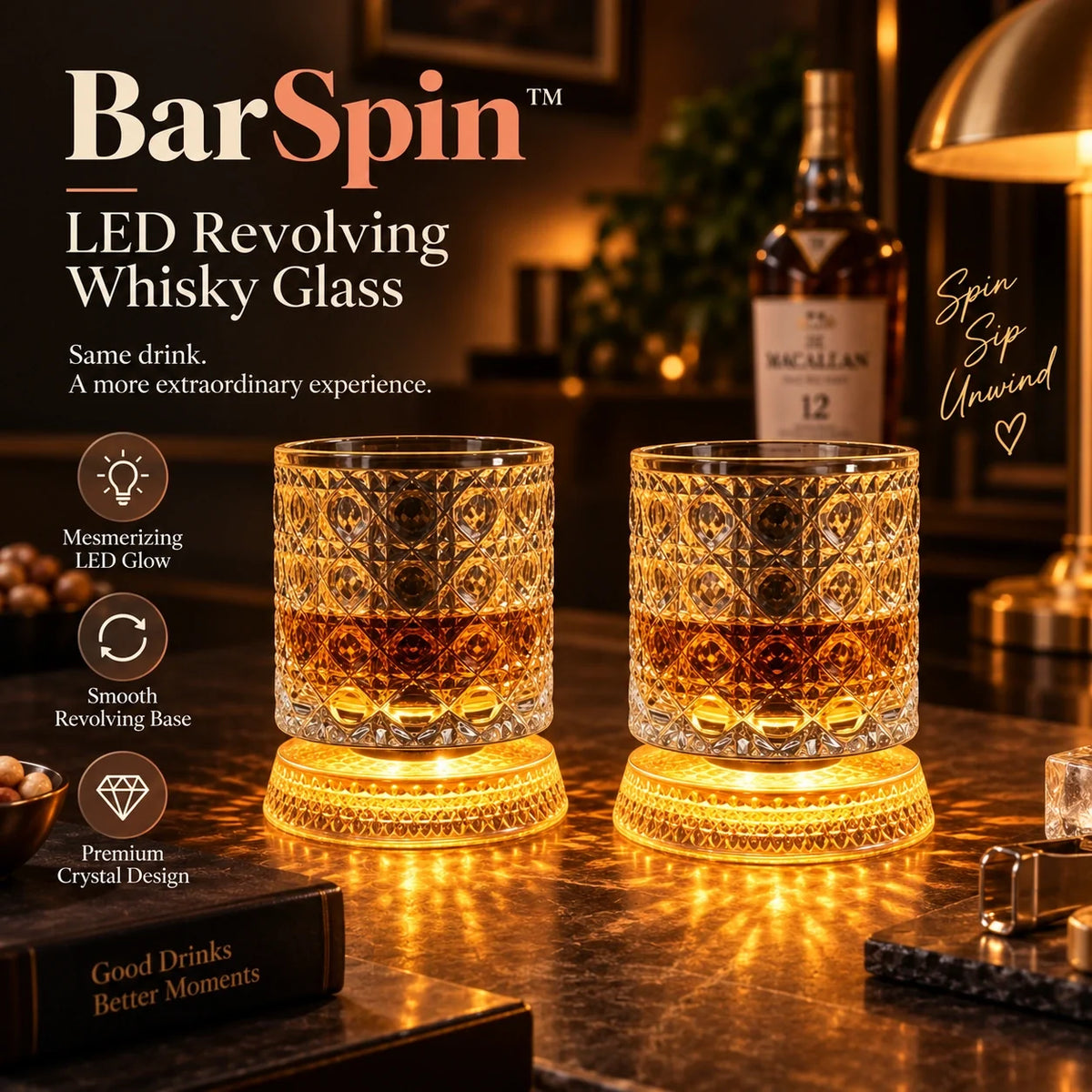 Lifestore™ Luxury Rotating Whiskey Glass with Rotating Coaster