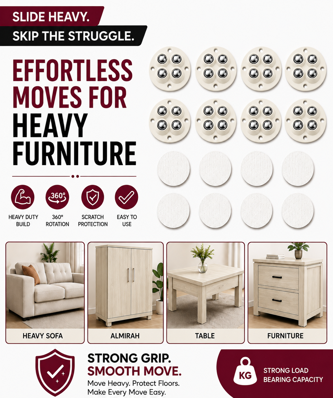 Move Heavy Sofas, Desks , Bookcase & furniture Effortlessly - Colorful 360° Stick-On Furniture 4 STEEL BALLS Wheels