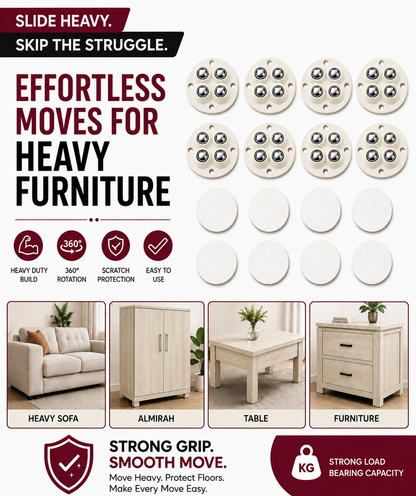 Move Heavy Sofas, Desks , Bookcase & furniture Effortlessly - Colorful 360° Stick-On Furniture 4 STEEL BALLS Wheels